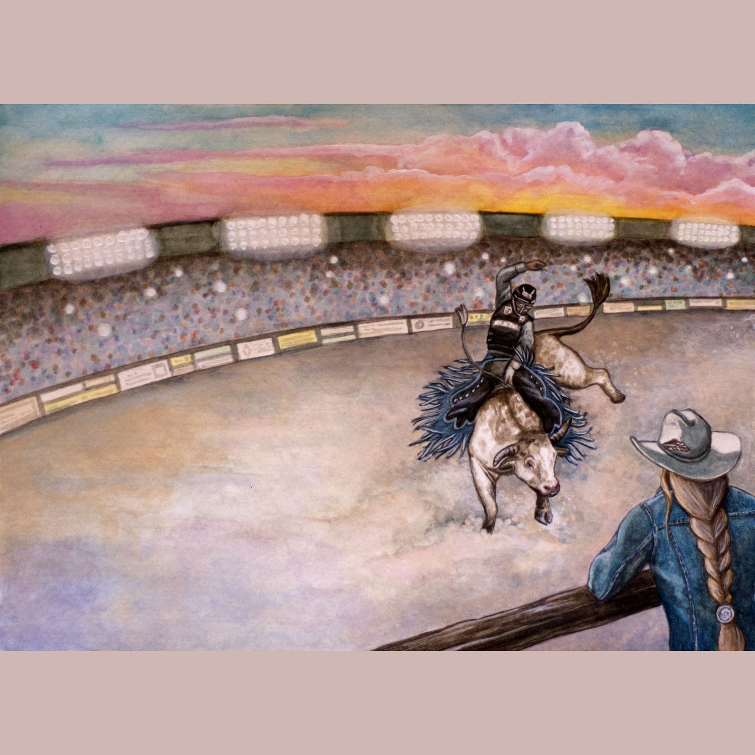 painting of a bull rider and woman watching 