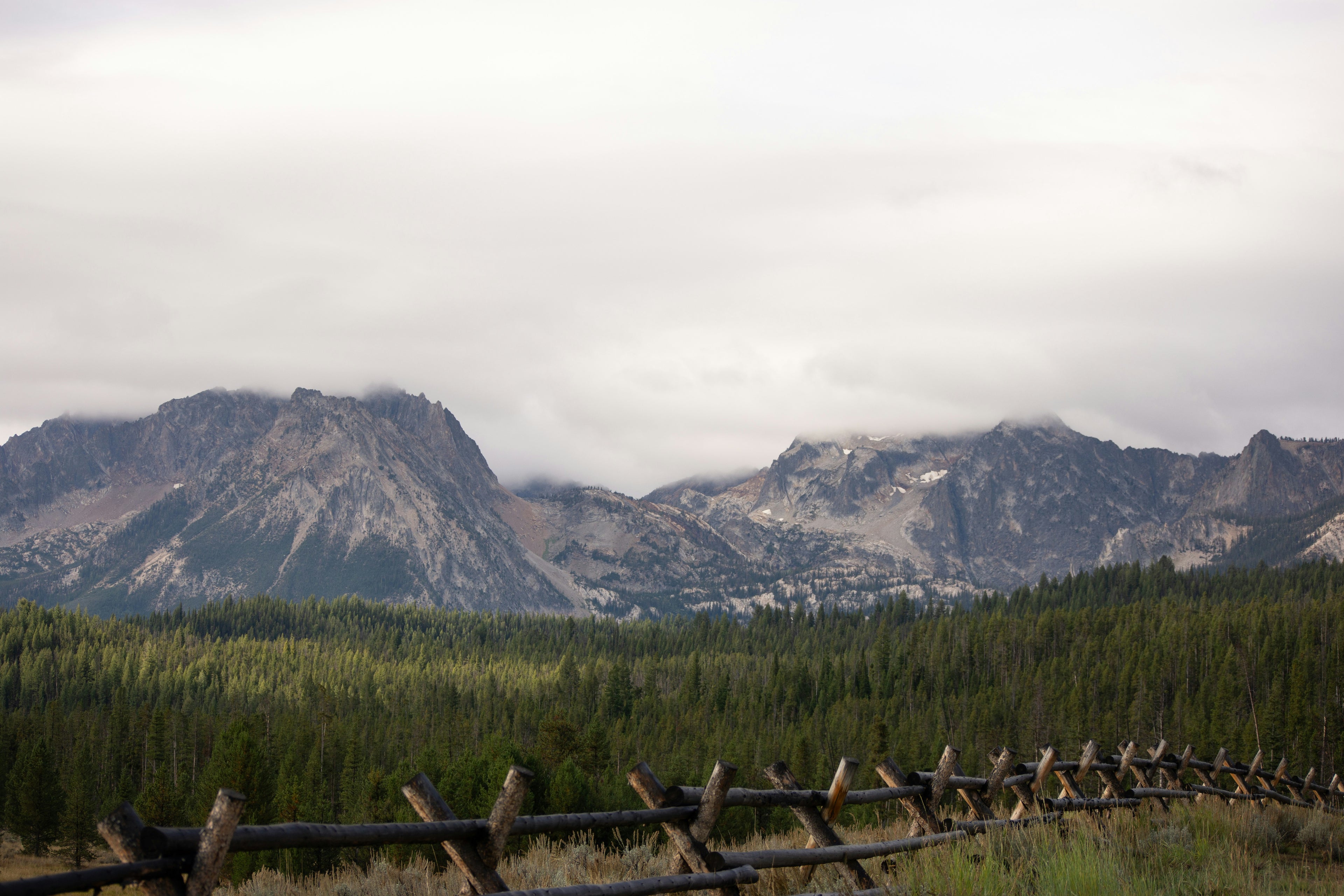 cloudy sky, mountains, green pine trees and a wood rail fence